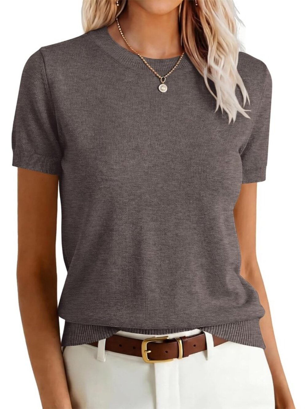 Women's Coffee Wool Blend Crew Neck Short Sleeve Casual Pull On Sweater